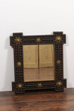 French Tramp Art Mirror with Gilded Sun Motifs from the Early 20th Century