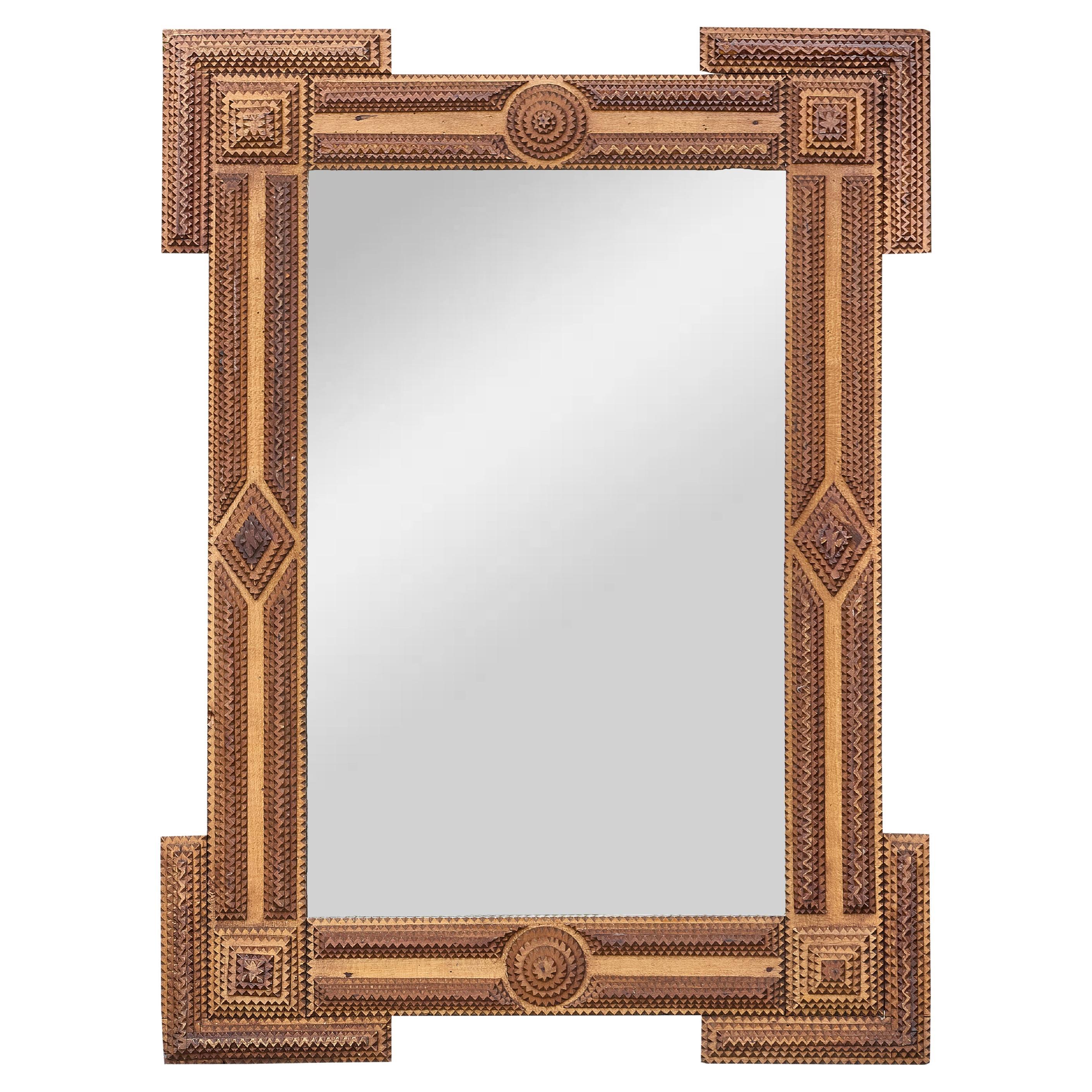 French Tramp Art Mirror with Notched Wood Frame and Geometric Medallions, 1900s