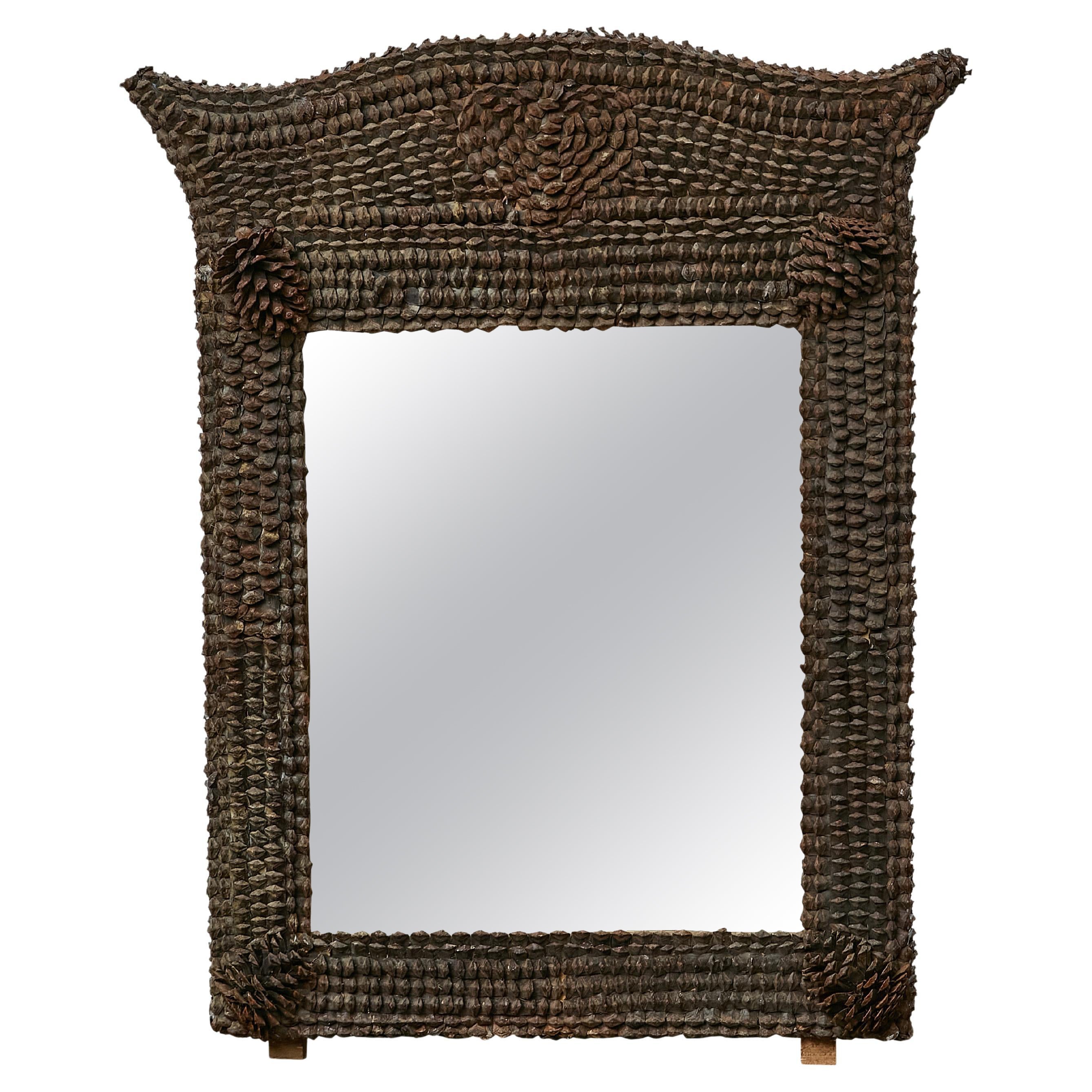 French Tramp Art Mirror with Pinecone Frame, circa 1920