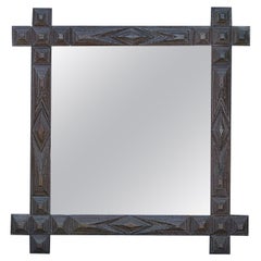 Antique French Tramp Art Period Dark Brown Folk Mirror from the Turn of the Century