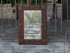 French Tramp Art Turn of the Century 1900s Carved Mirror with Pyramidal Motifs