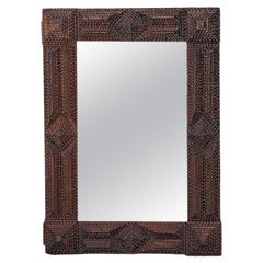 French Tramp Art Turn of the Century 1900s Carved Mirror with Pyramidal Motifs