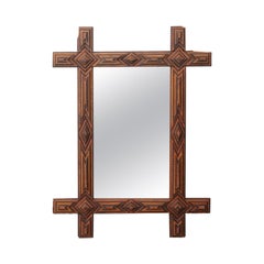 French Tramp Art Turn of the Century Folk Mirror with Alternating Diamond Motifs