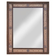 Antique French Tramp Art Turn of the Century Folk Mirror with Hand-Carved Star Motifs