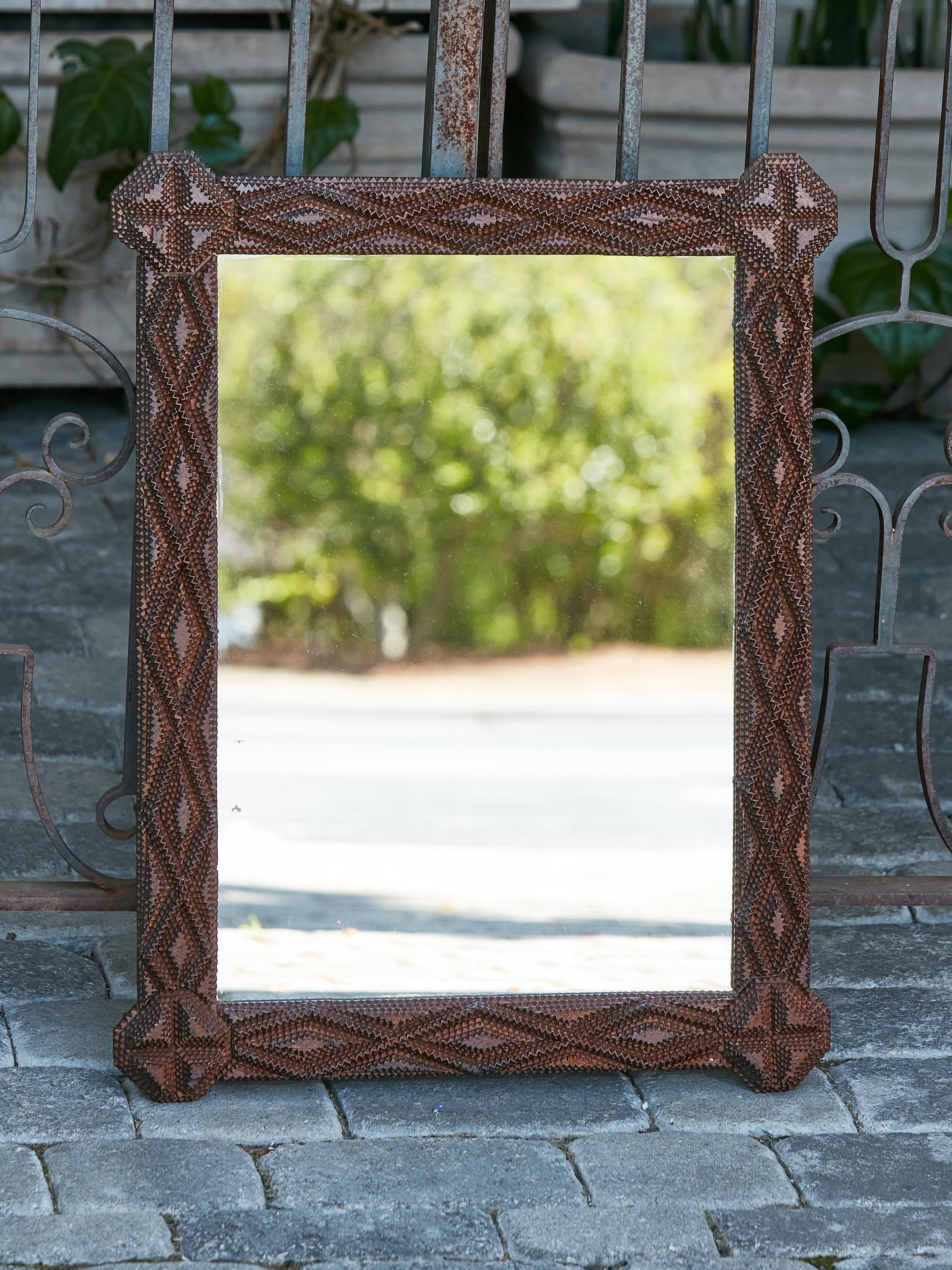 Folk Art French Tramp Art Turn of the Century Hand Carved Mirror with Octagonal Corners