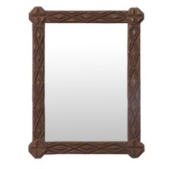 French Tramp Art Turn of the Century Hand Carved Mirror with Octagonal Corners