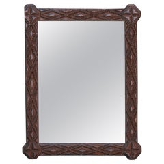 Antique French Tramp Art Turn of the Century Hand Carved Mirror with Octagonal Corners