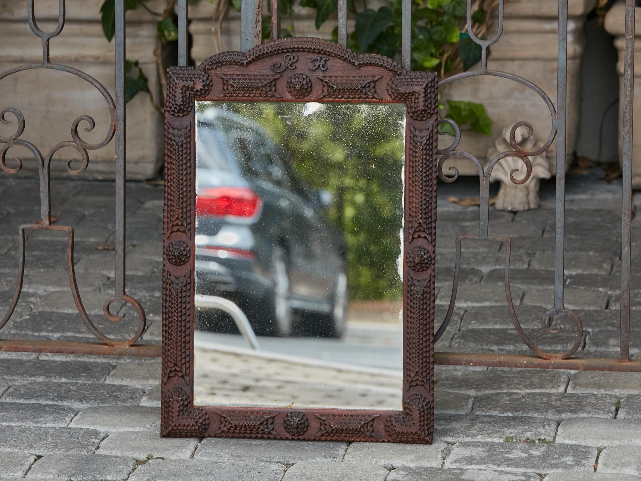 20th Century French Tramp Art Turn of the Century Mirror with Hand-Carved Crest and Monogram For Sale