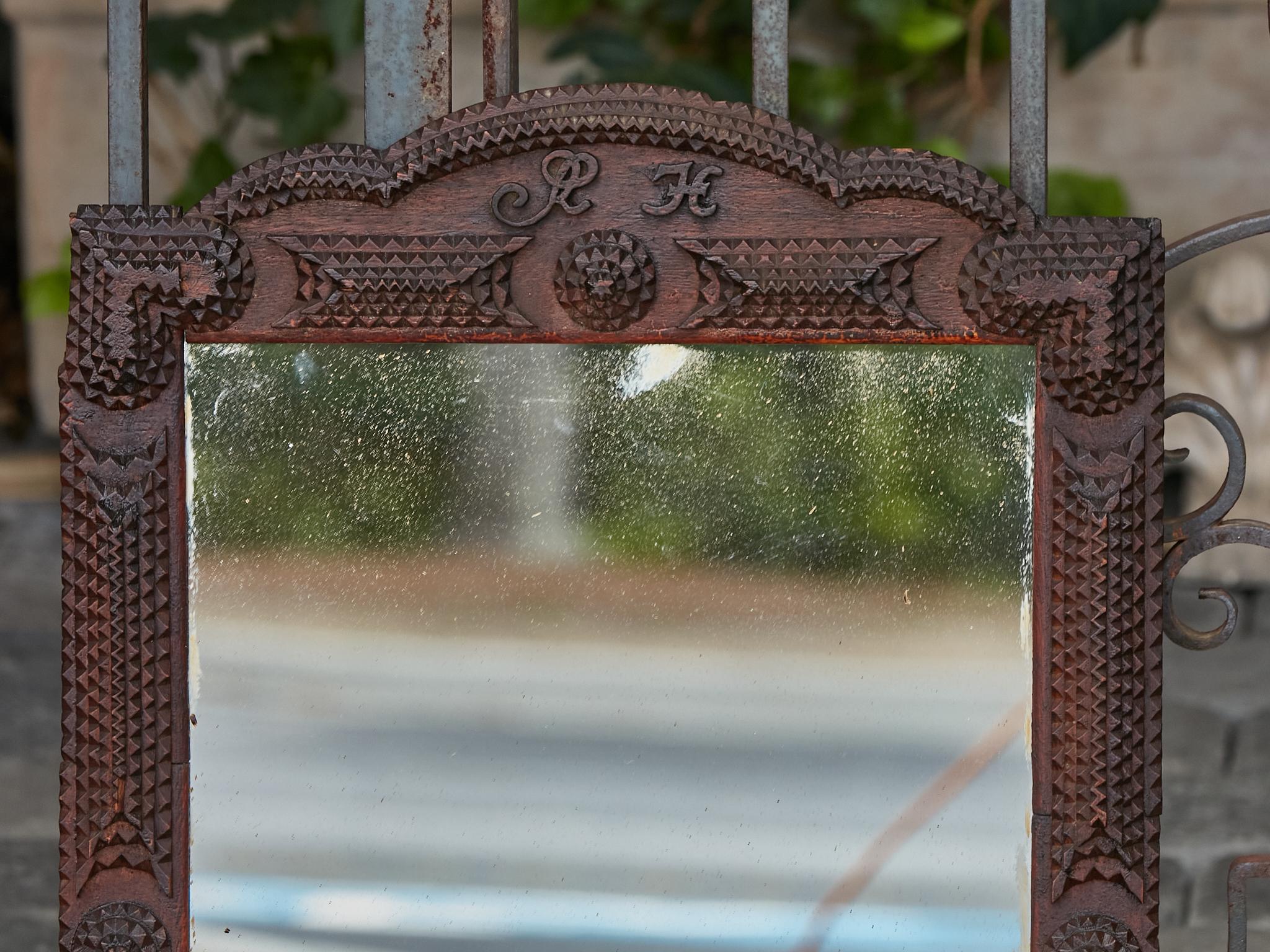 French Tramp Art Turn of the Century Mirror with Hand-Carved Crest and Monogram For Sale 2