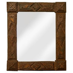 French Tramp Art Turn of the Century Wooden Mirror with Carved Décor, circa 1900
