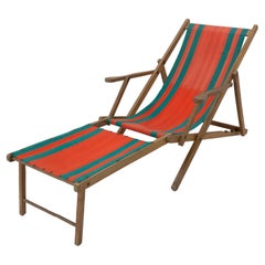 Retro French Transat Folding Deck Chair Patio Lounger, Chaise Longue, Beech and Fabric