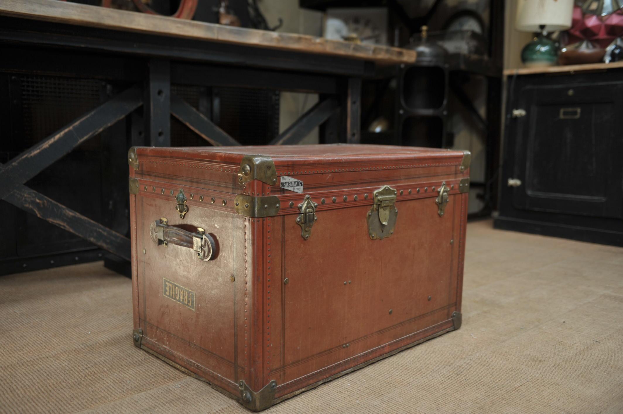 Transatlantic Paris French traveling trunk with 3 brass locks 2 inside compartments, France, circa 1920.