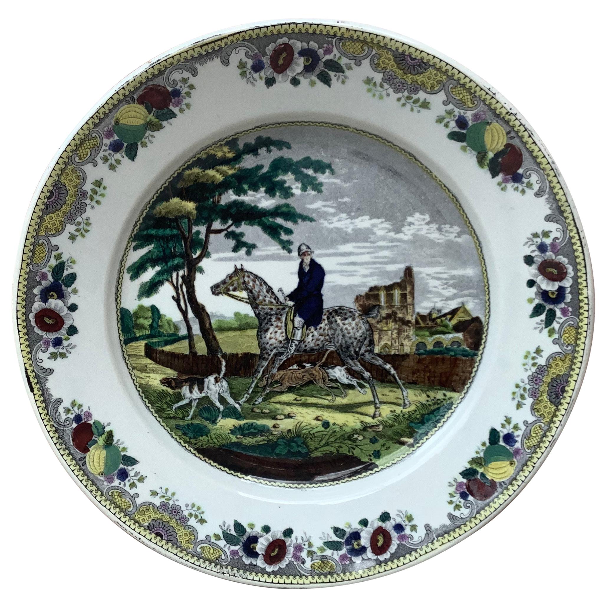 French Transferware Horseman Hunter Platter Choisy Le Roi, circa 1840 For Sale
