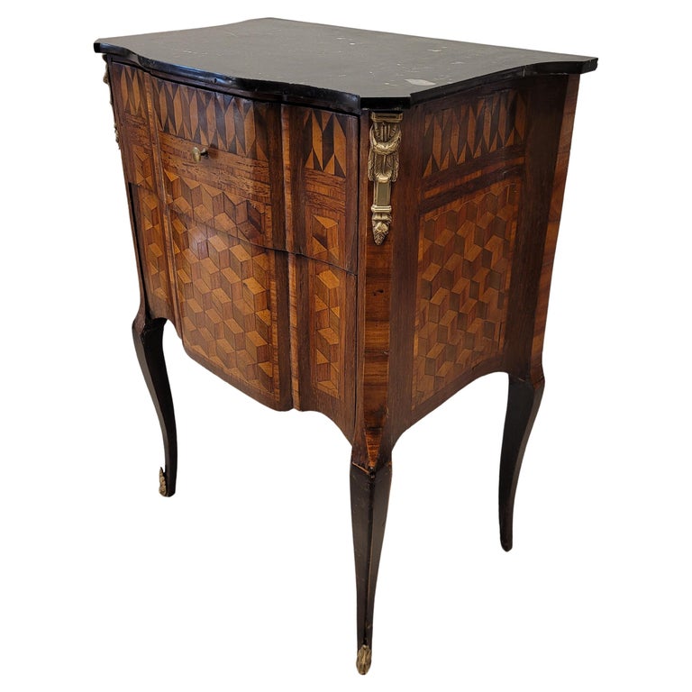 French Luis XVI Commode , Sidetable , wood marquetry , marble For Sale