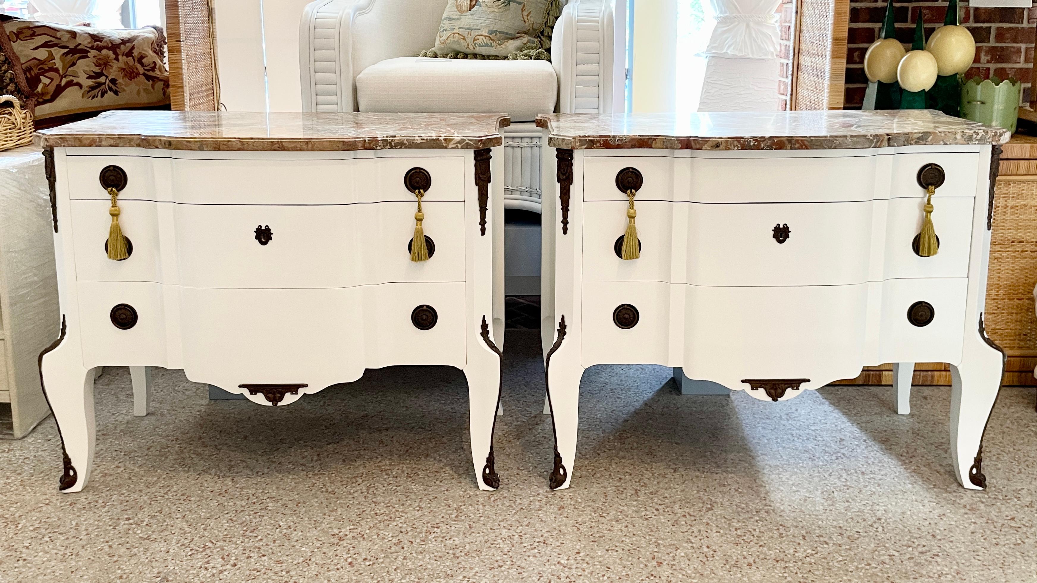 French Provincial French Transition Commodes With Original Marble Tops - a Pair For Sale