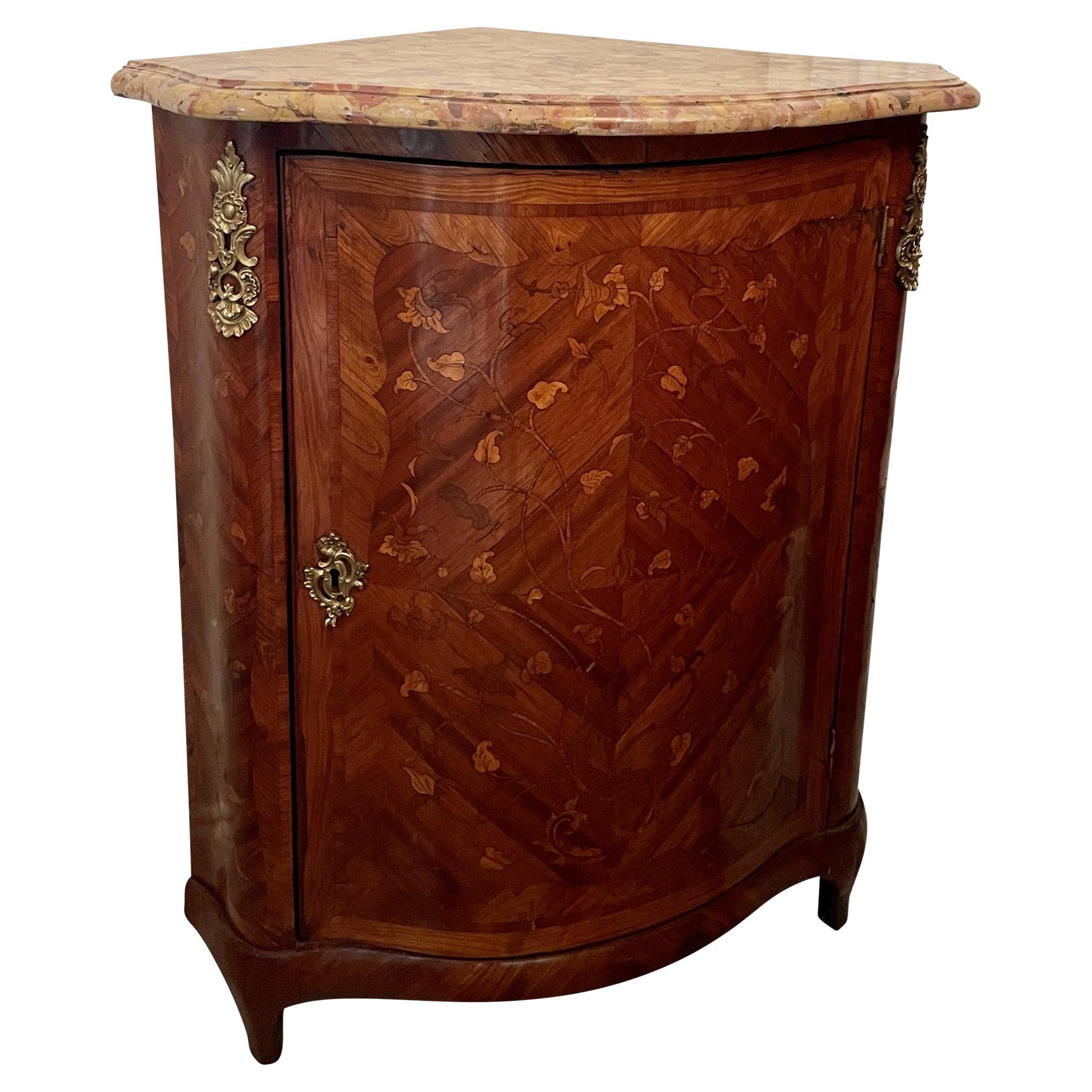 French Transition Marble Top Corner Cabinet with Label For Sale