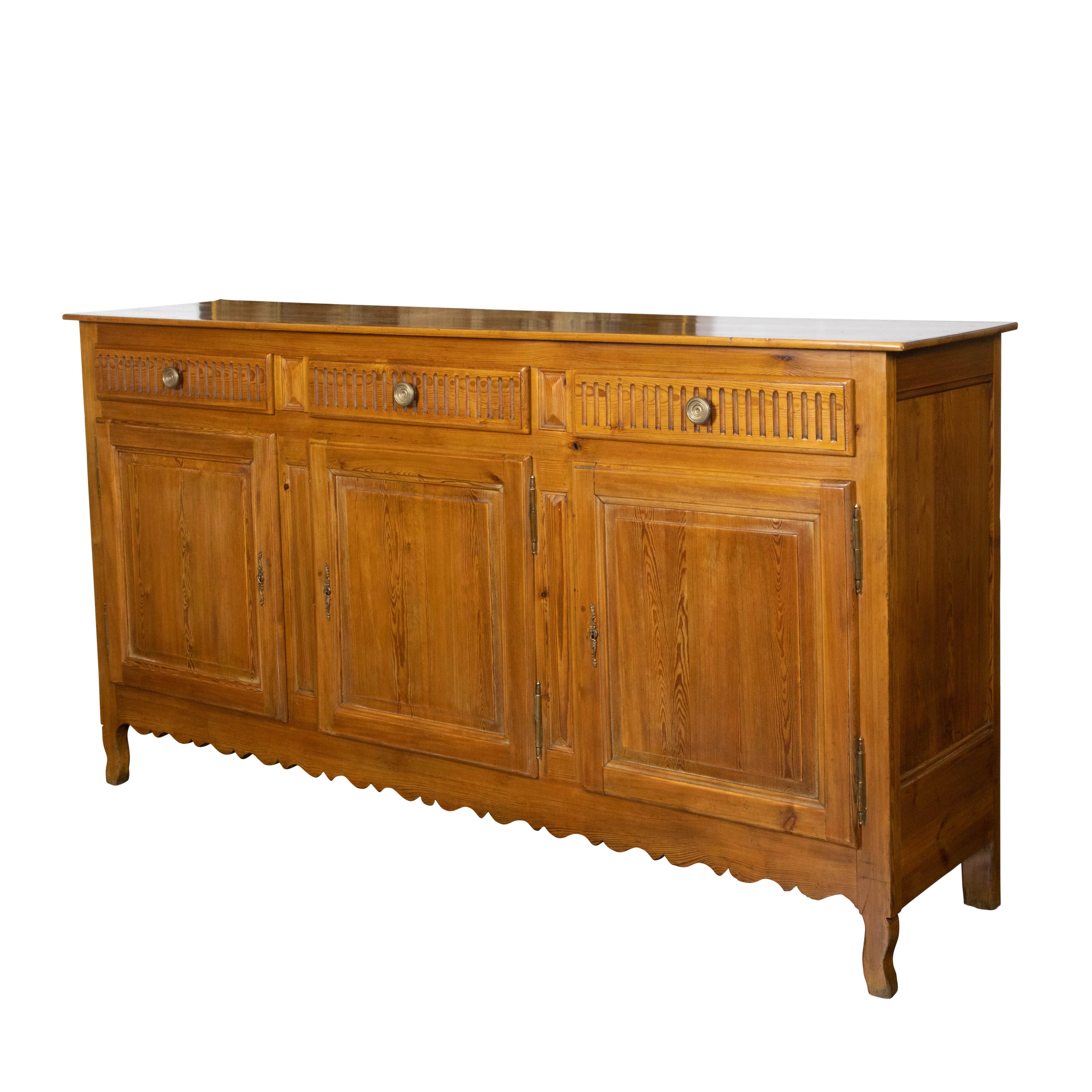French Transition Style 19th Century Pine Buffet with Drawers over Doors For Sale 2