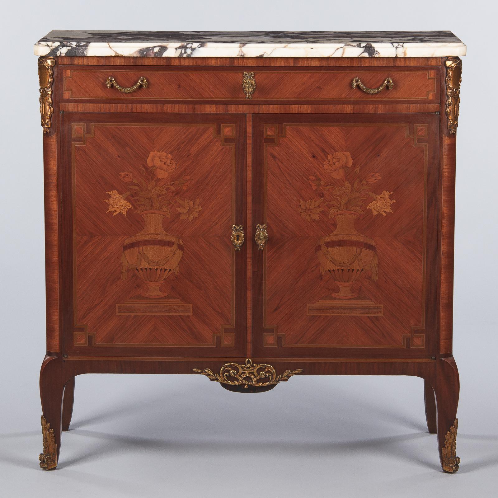 French Transition Style Marquetry Sideboard with Marble Top, 1900s 11