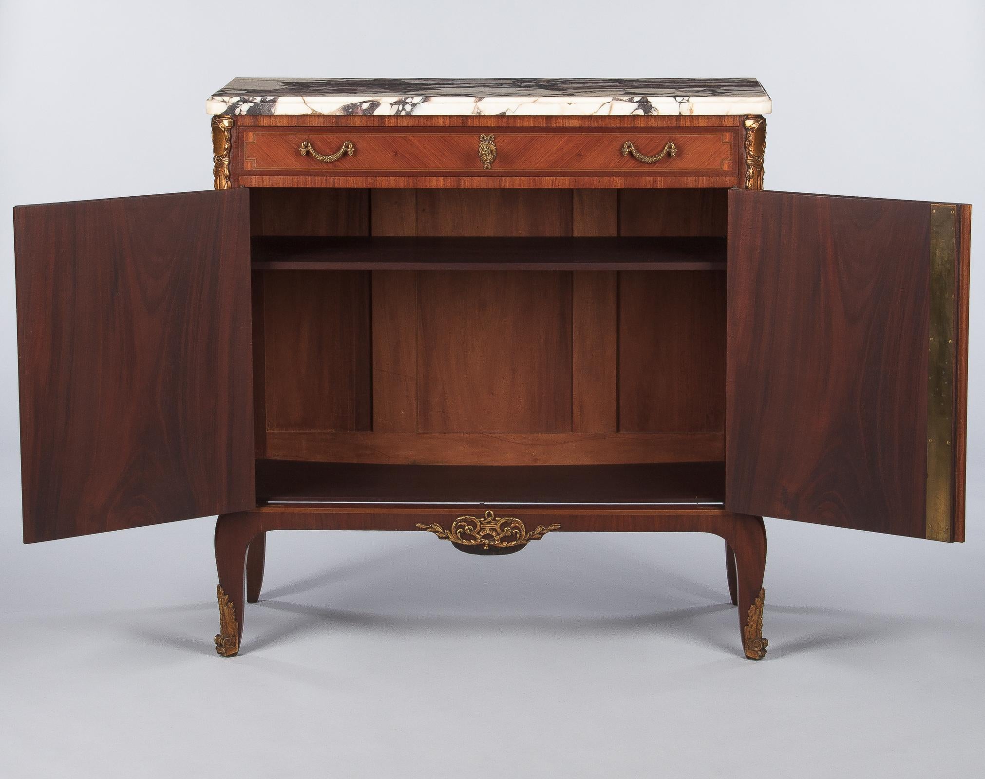 French Transition Style Marquetry Sideboard with Marble Top, 1900s (Louis XVI.)