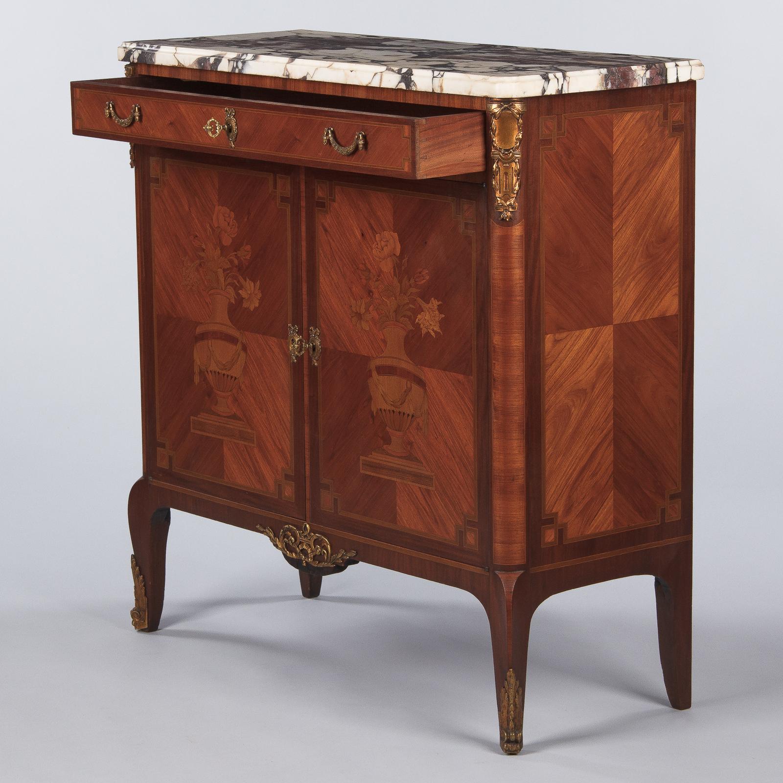 French Transition Style Marquetry Sideboard with Marble Top, 1900s (Obstholz)
