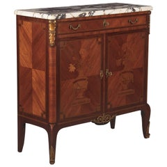 Antique French Transition Style Marquetry Sideboard with Marble Top, 1900s