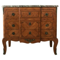 French Transition Style Rosewood Marquetry Commode or Chest, Marble, C. 1900