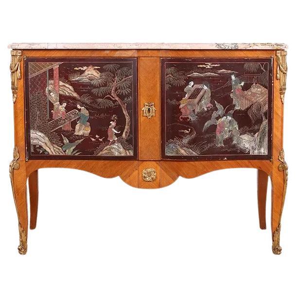 Commode francese di transizione Chinoiserie con piano in marmo Breccia