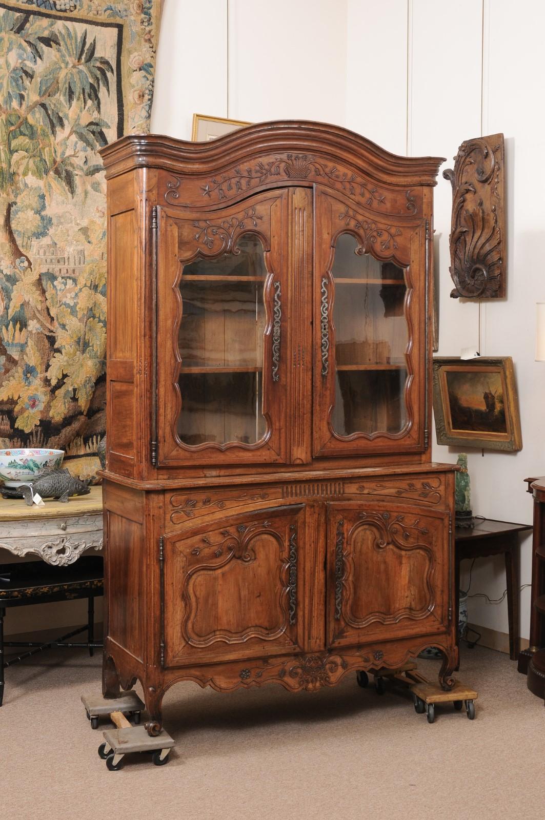 Wood French Transitional Louis XV / Louis XVI Buffet Deux Corps with Glazed Doors For Sale