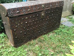 French Traveling Trunk Domed Leather Brass Ornate Studded Fleur De Lys