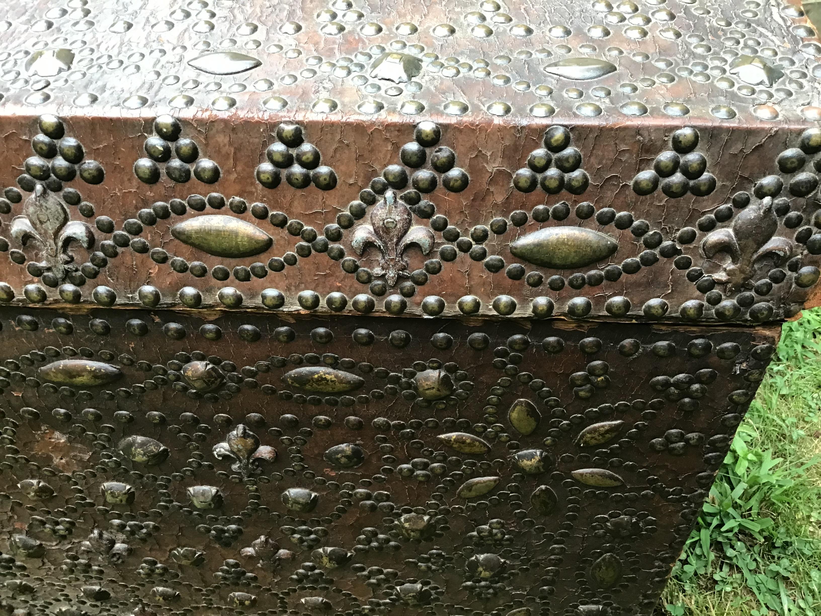Other French Traveling Trunk Domed Leather Brass Ornate Studded Fleur De Lys For Sale