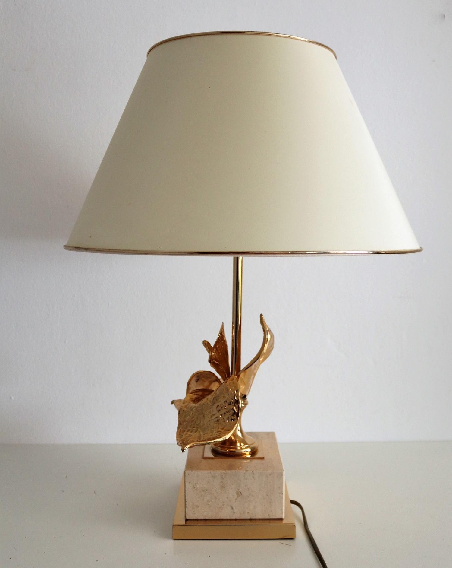 French Travertine and Gold-Plated Table Lamp, 1970s 4