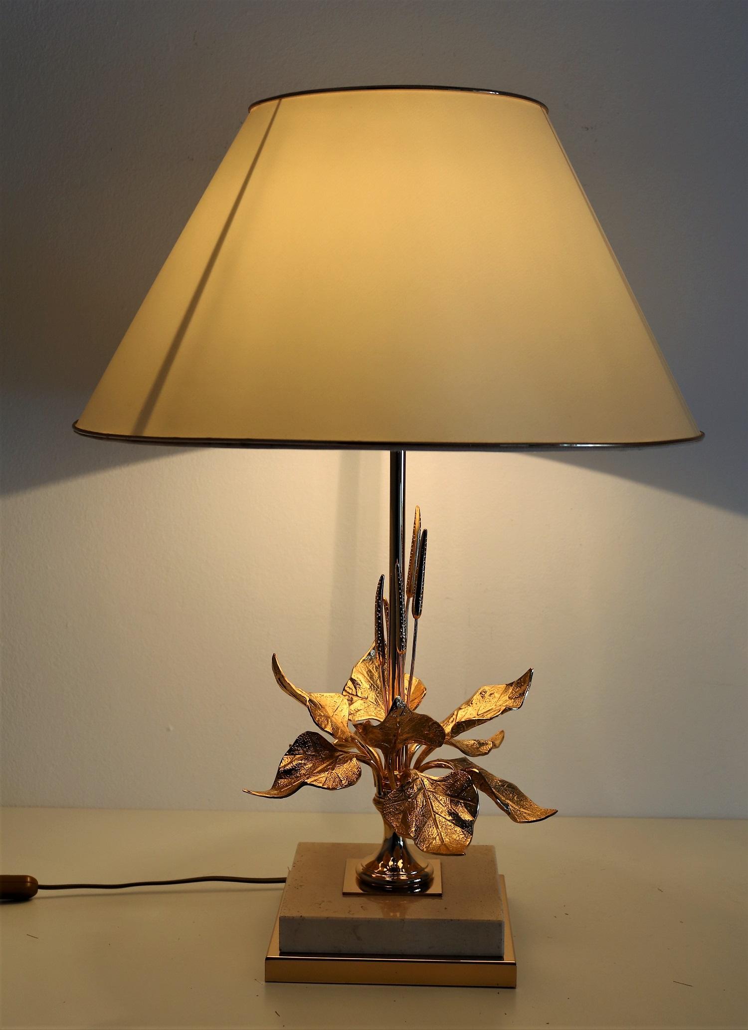 Gilt French Travertine Marble and Gold-Plated Table Lamp, 1970s