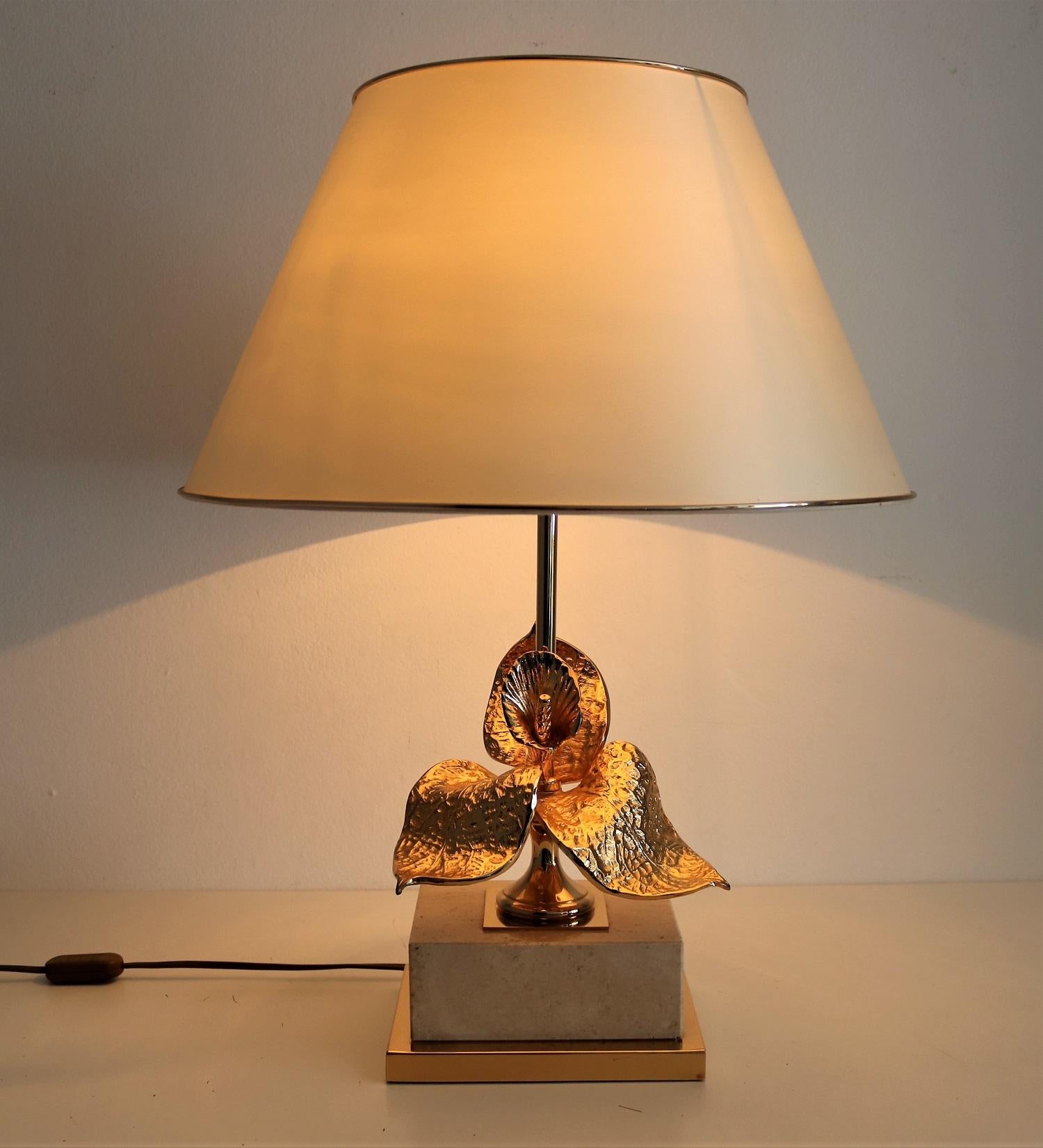 Gilt French Travertine and Gold-Plated Table Lamp, 1970s