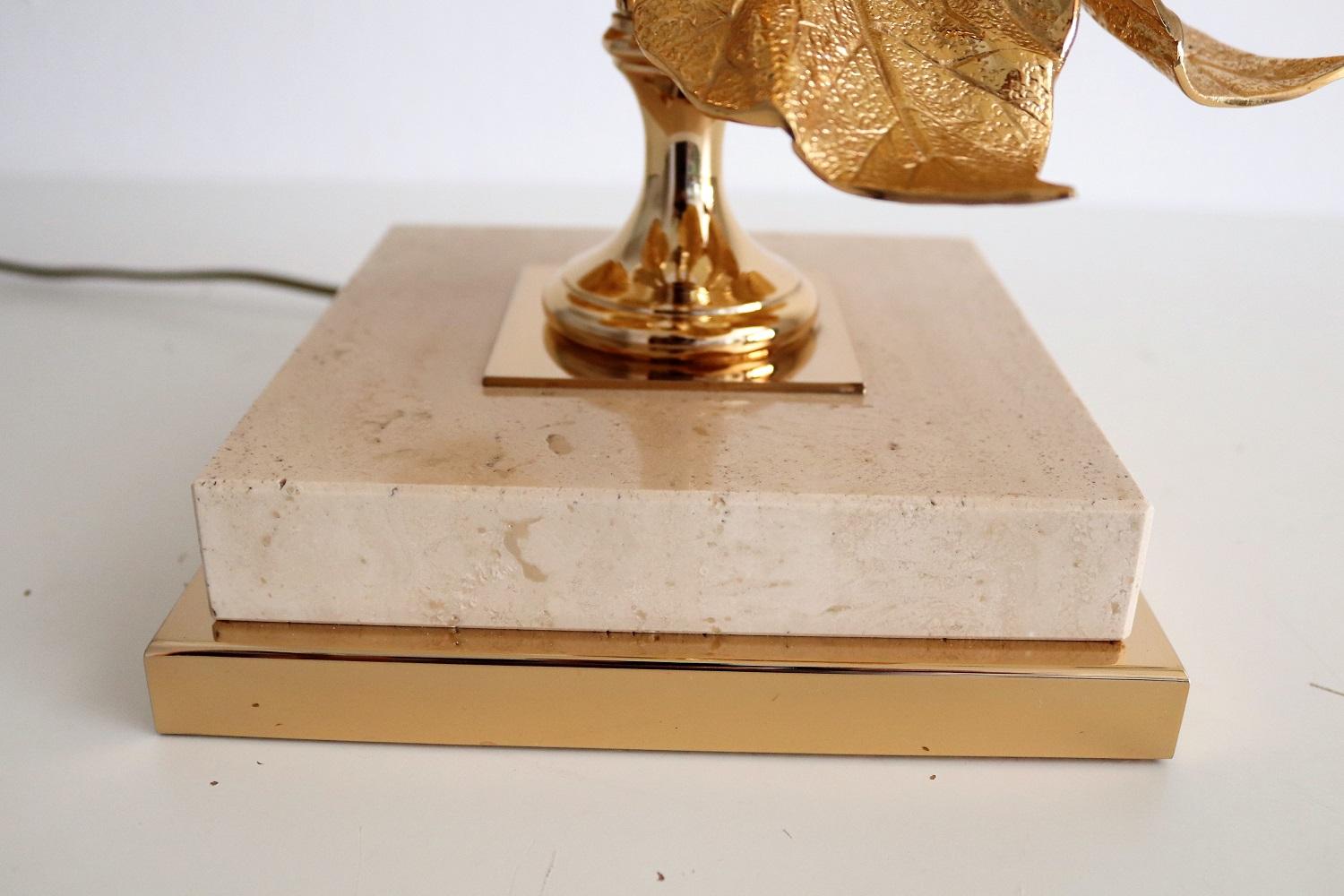 Late 20th Century French Travertine Marble and Gold-Plated Table Lamp, 1970s