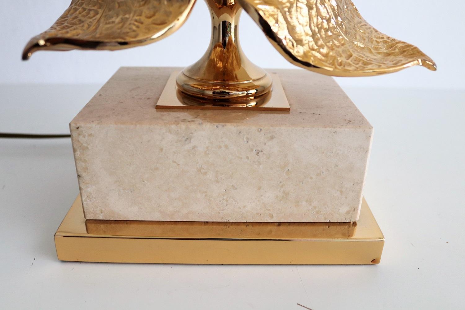 French Travertine and Gold-Plated Table Lamp, 1970s In Good Condition In Morazzone, Varese