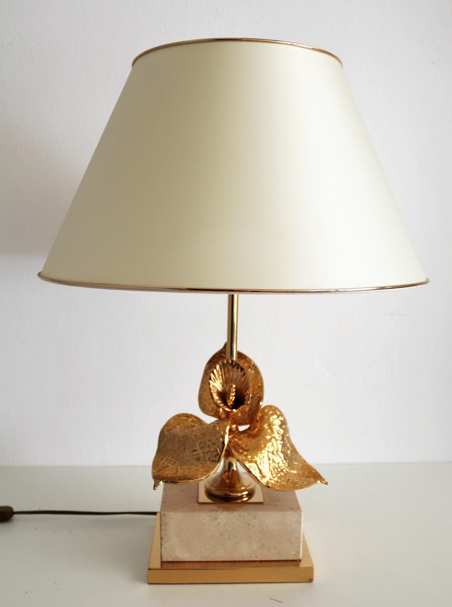 Brass French Travertine and Gold-Plated Table Lamp, 1970s