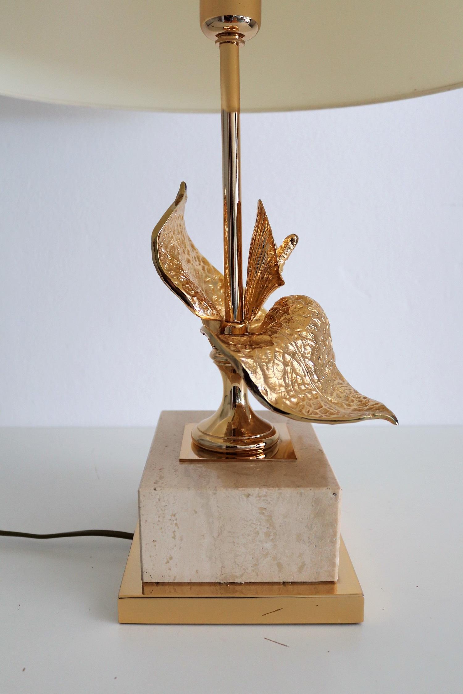 French Travertine and Gold-Plated Table Lamp, 1970s 1