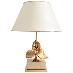 French Travertine and Gold-Plated Table Lamp, 1970s