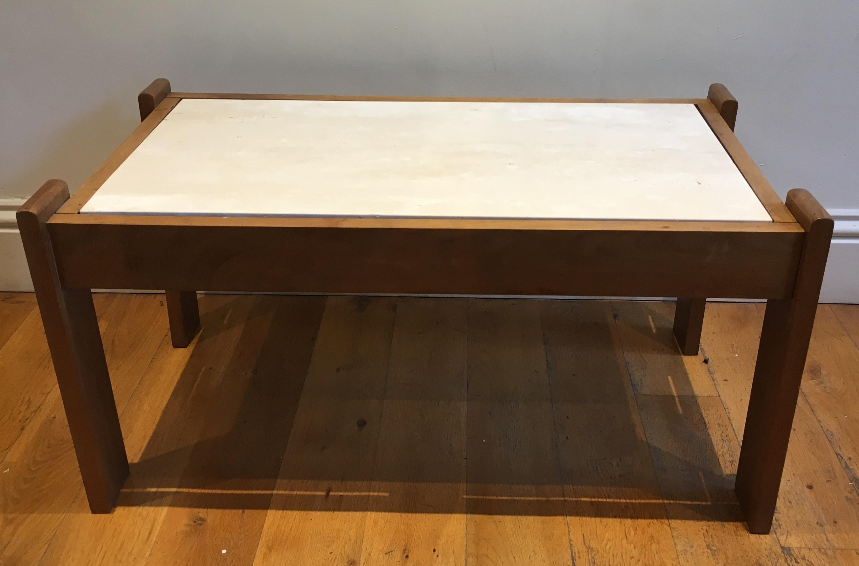 Mid-Century Modern French Travertine and Wood Coffee Table