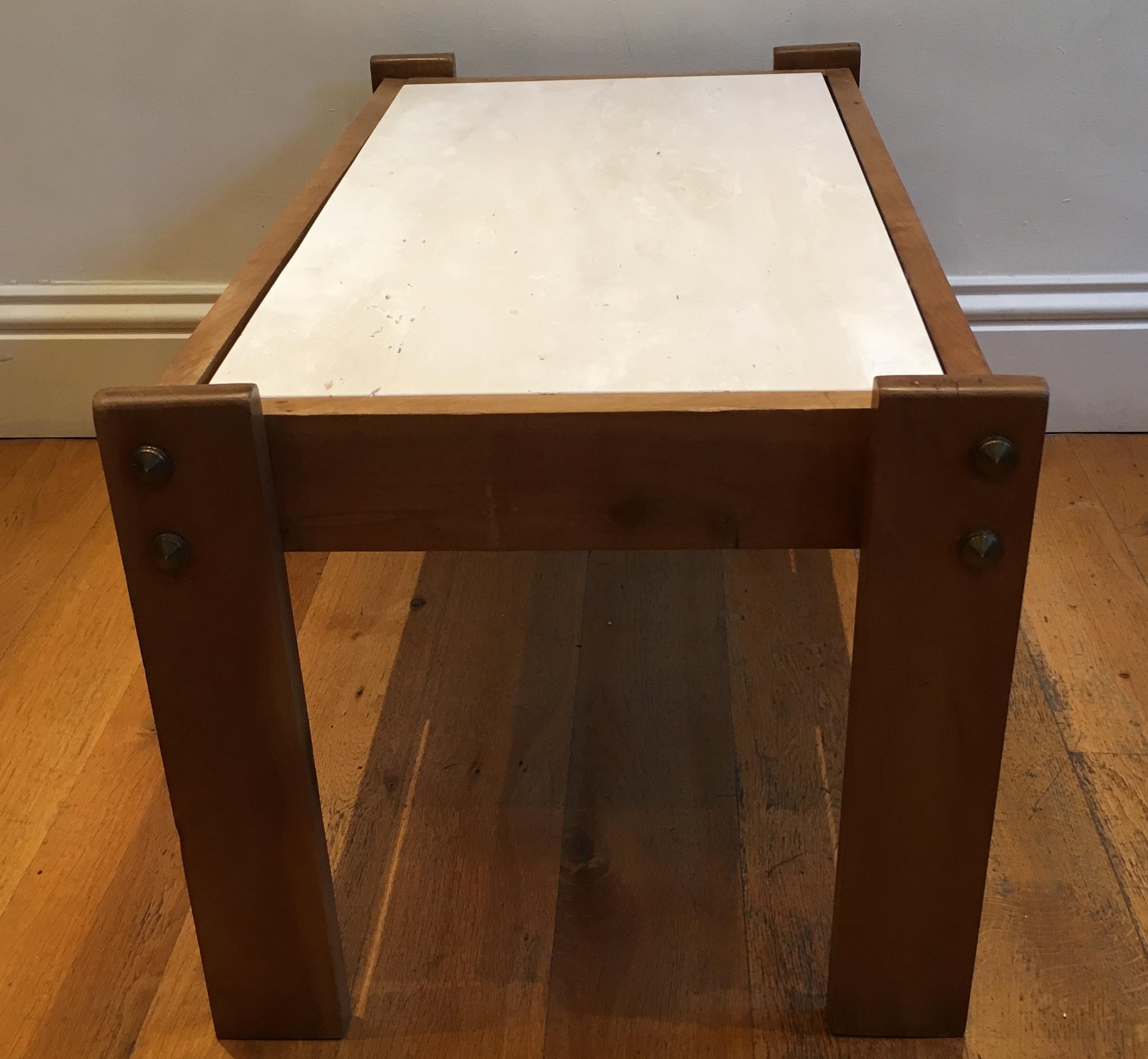 20th Century French Travertine and Wood Coffee Table