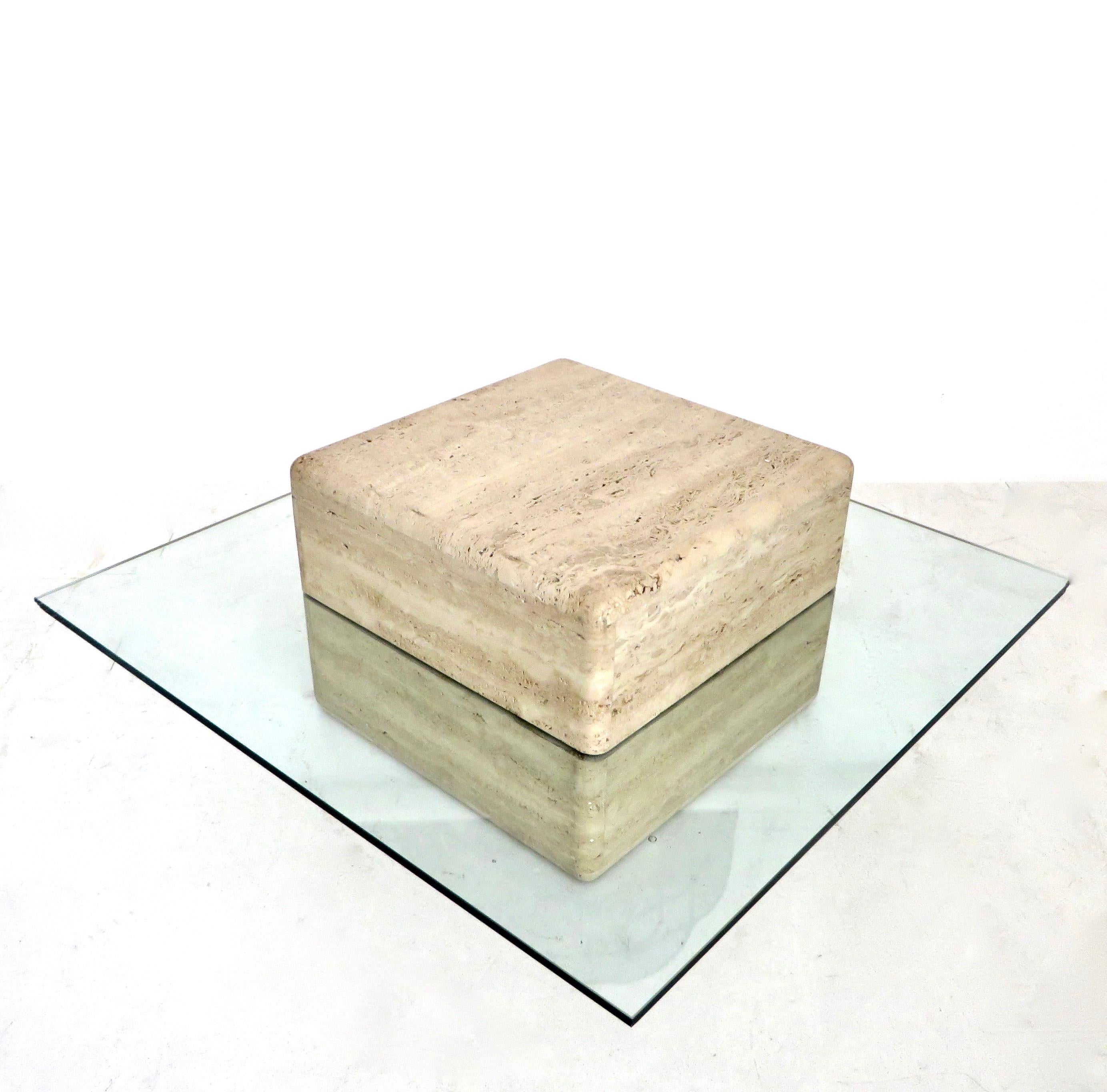 French Travertine Minimalist Low Coffee Table with Floating Cube, circa 1970 5