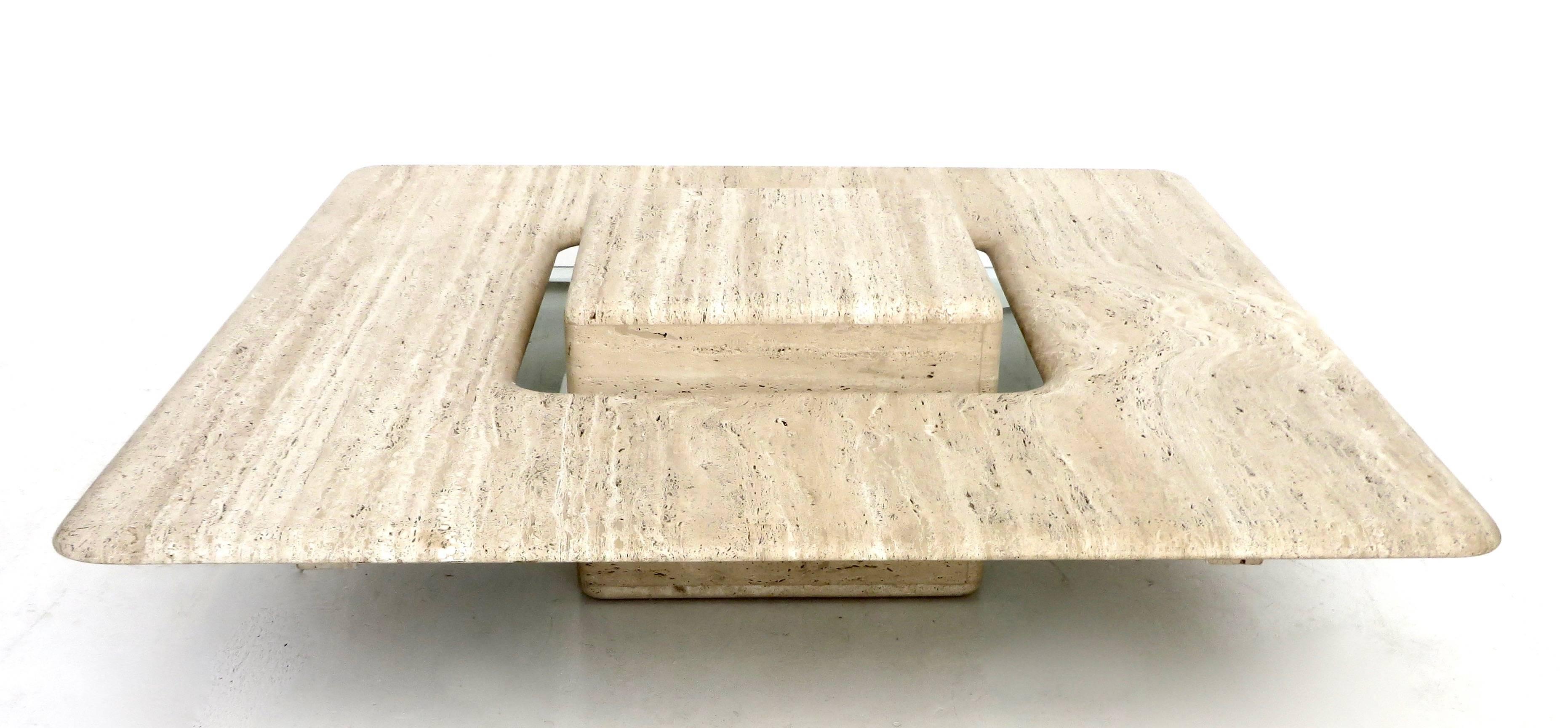 Mid-Century Modern French Travertine Minimalist Low Coffee Table with Floating Cube circa 1970