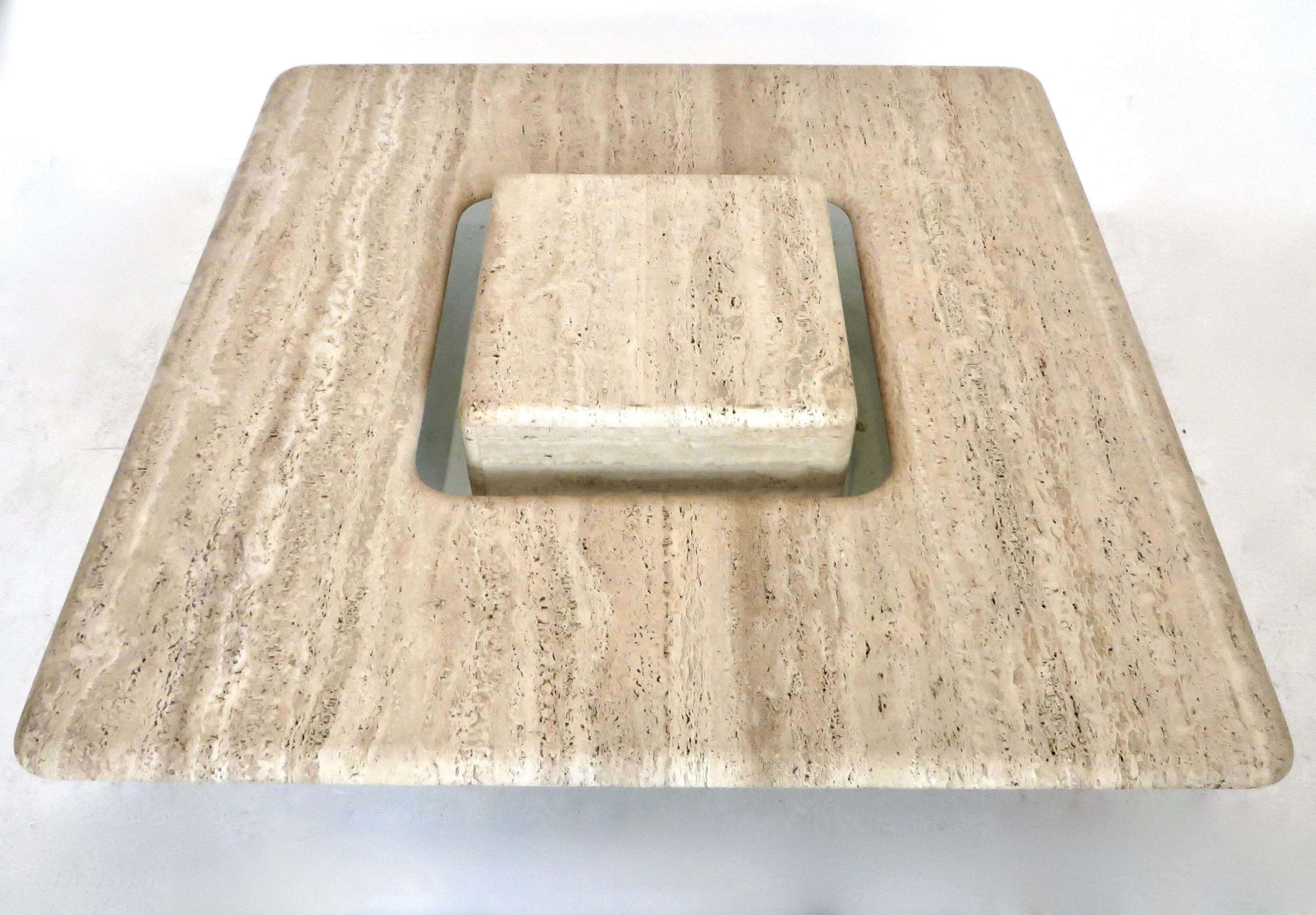 French Travertine Minimalist Low Coffee Table with Floating Cube, circa 1970 In Good Condition In Chicago, IL
