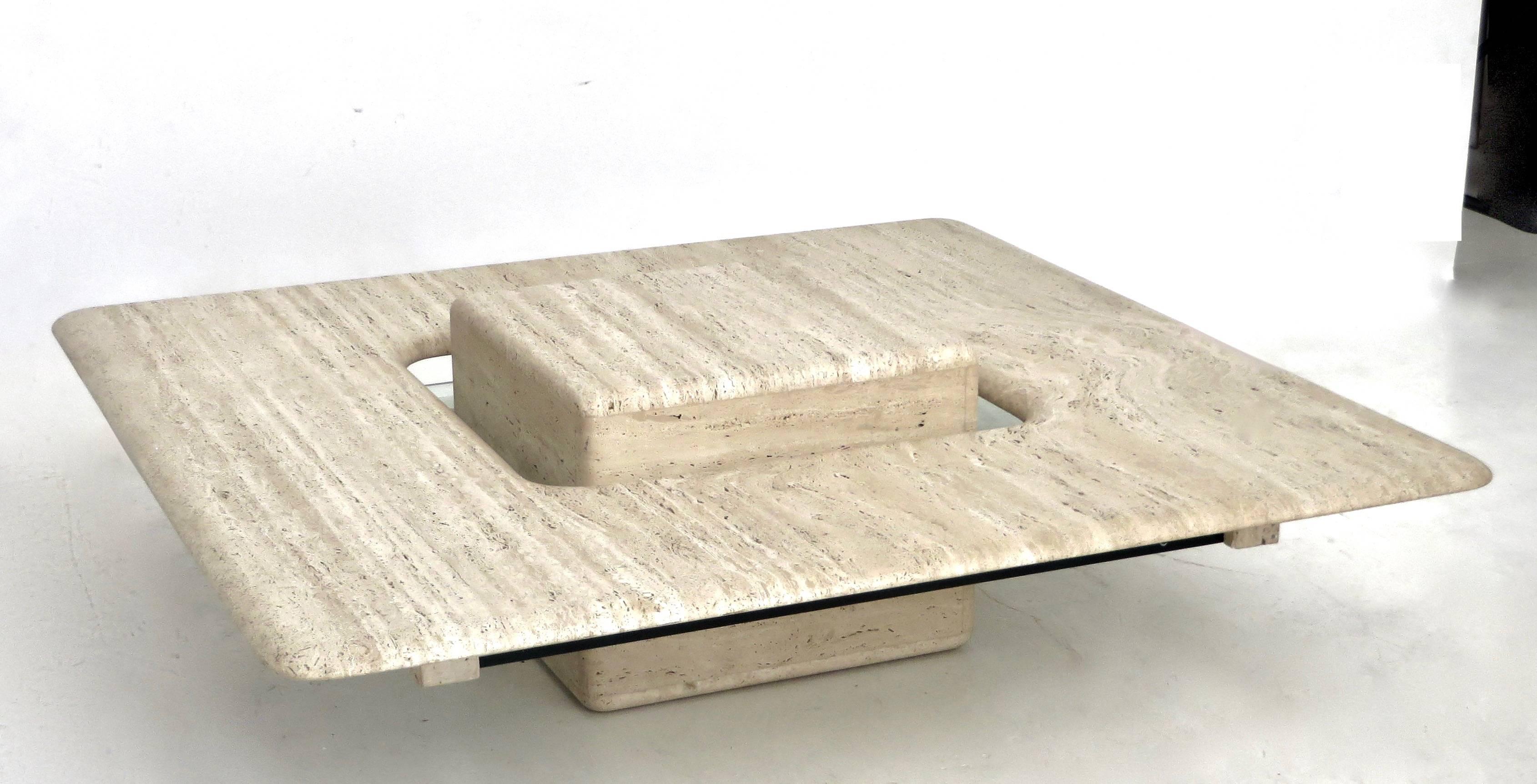 Late 20th Century French Travertine Minimalist Low Coffee Table with Floating Cube circa 1970