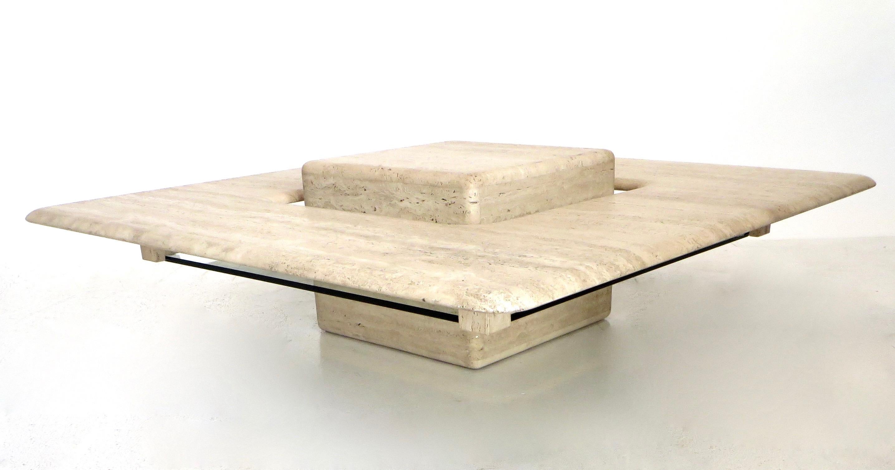 French Travertine Minimalist Low Coffee Table with Floating Cube, circa 1970 1