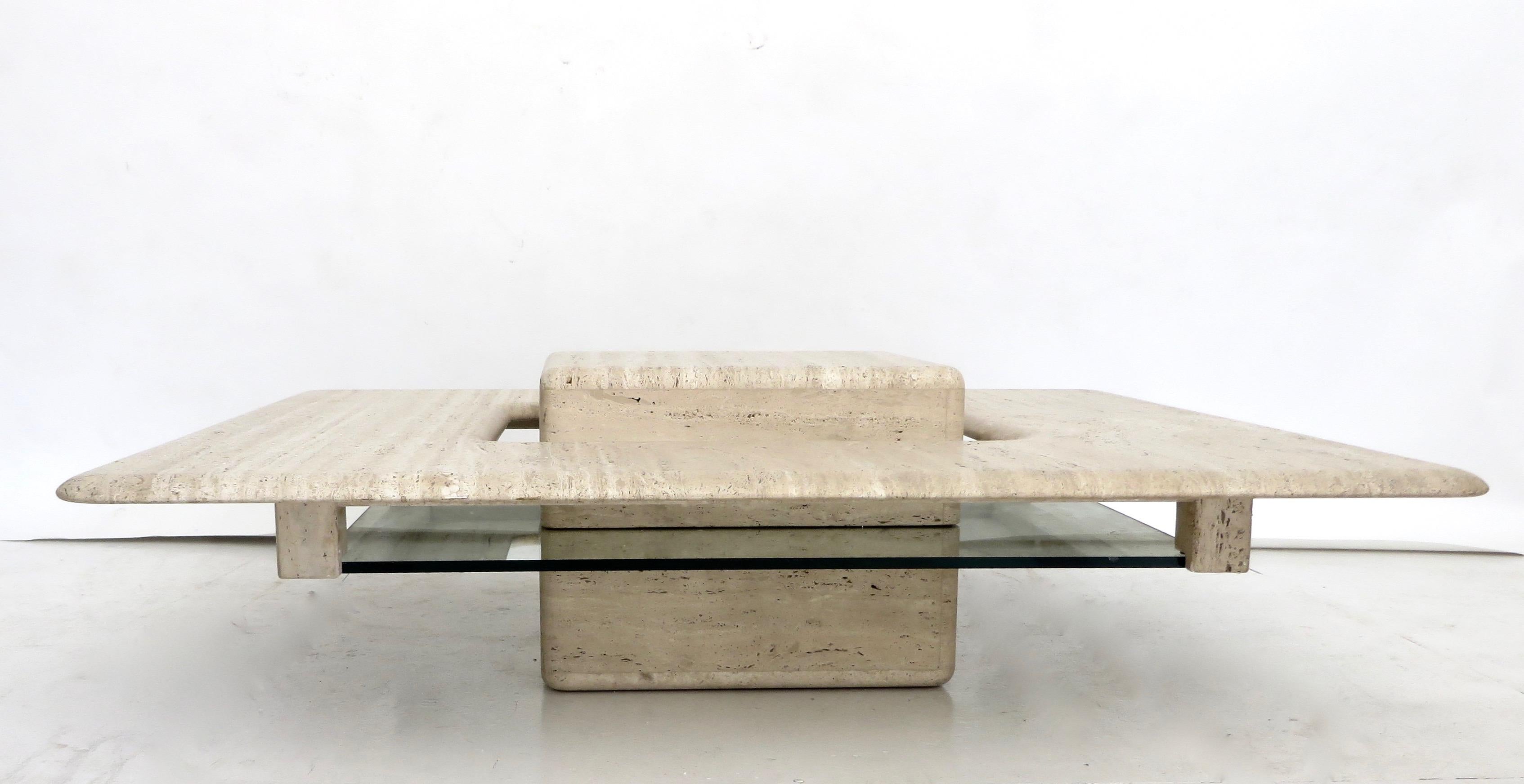 French Travertine Minimalist Low Coffee Table with Floating Cube, circa 1970 2