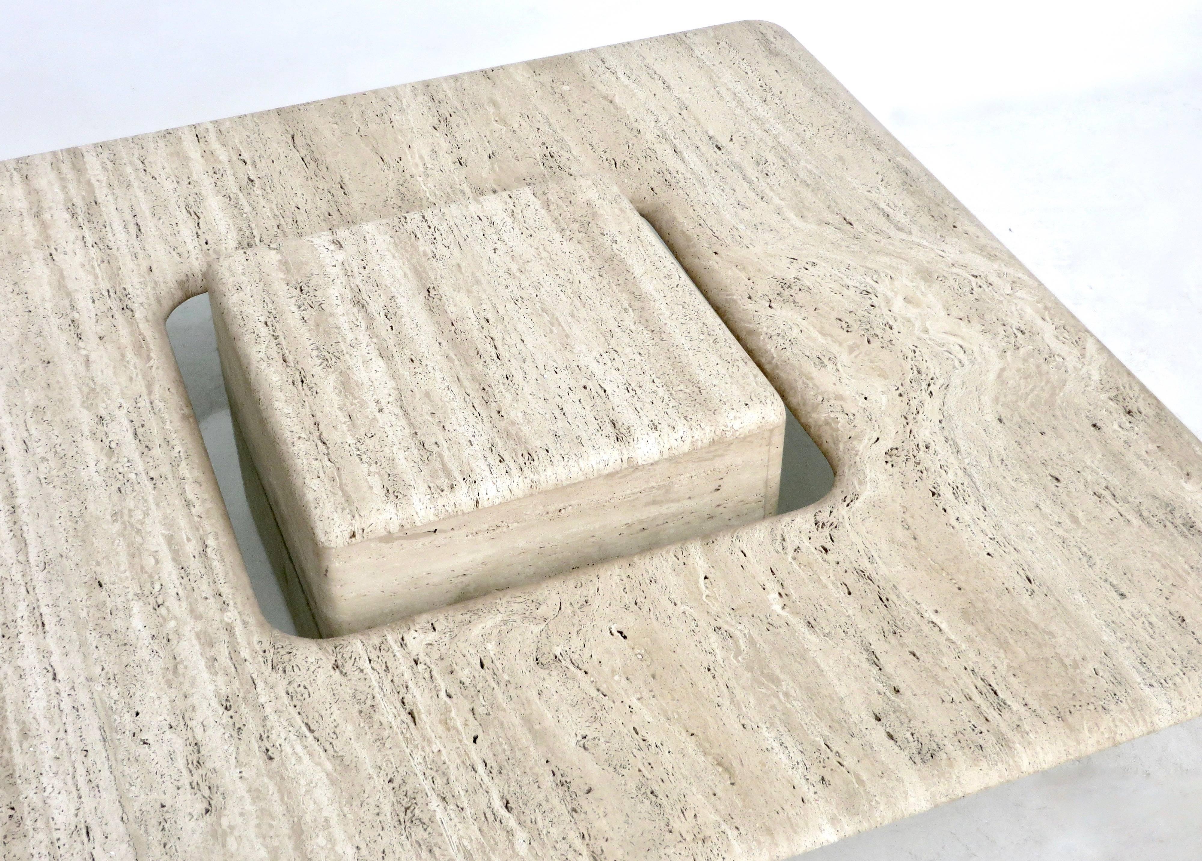 French Travertine Minimalist Low Coffee Table with Floating Cube circa 1970 1