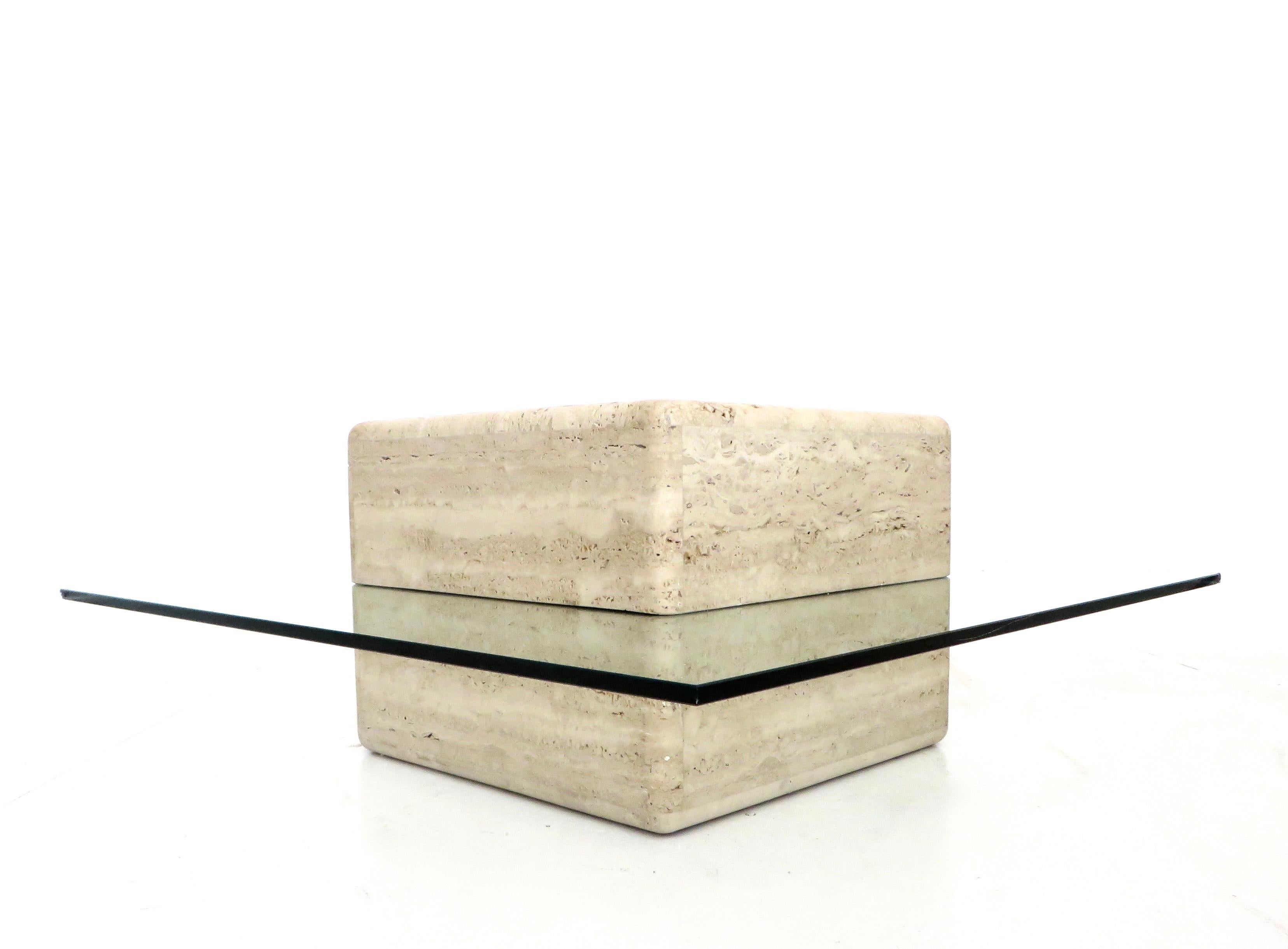French Travertine Minimalist Low Coffee Table with Floating Cube, circa 1970 4