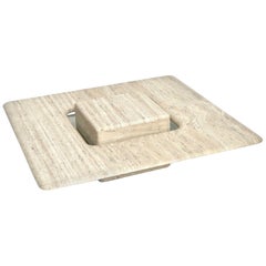 French Travertine Minimalist Low Coffee Table with Floating Cube circa 1970