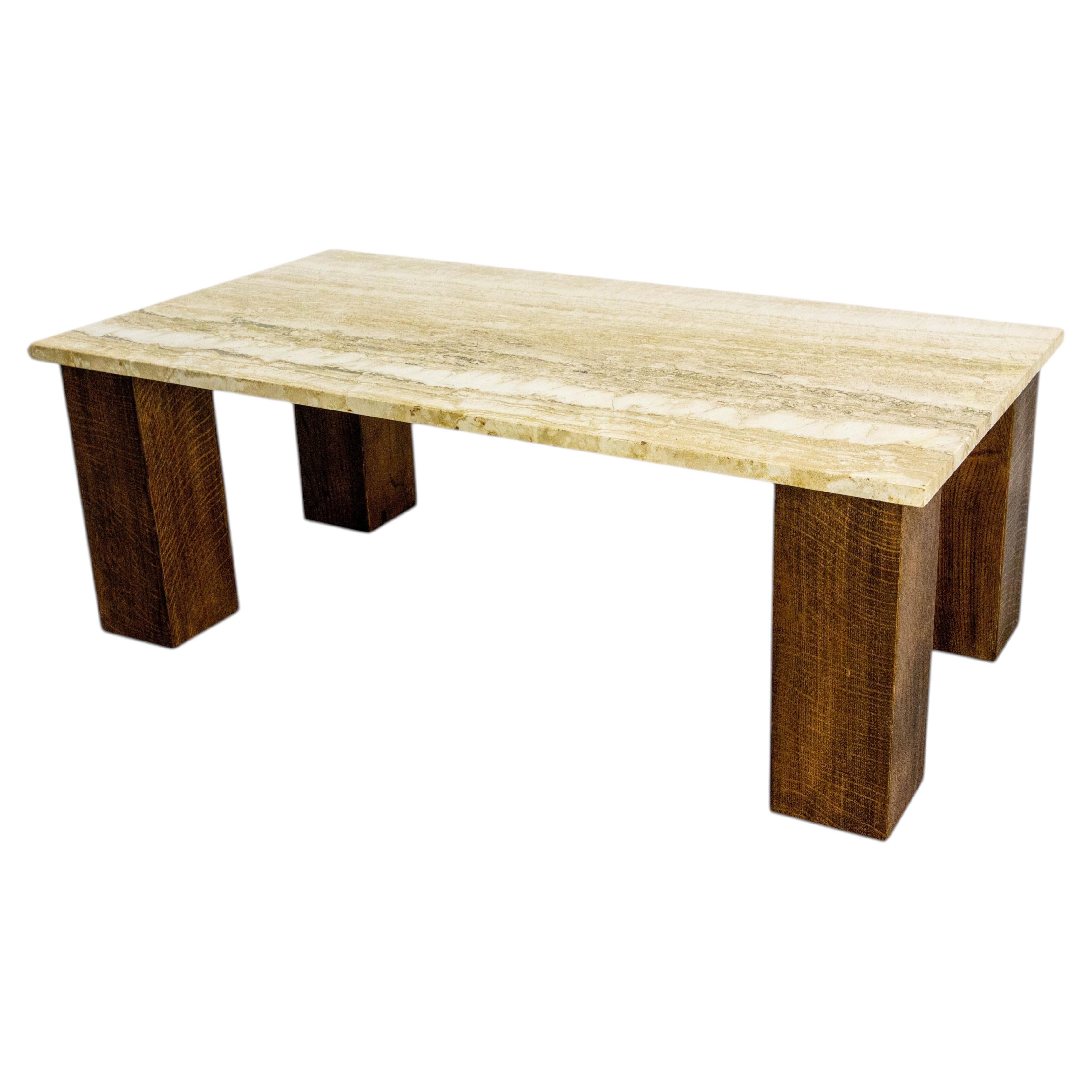 French Travertine & Oak Coffee Table Mid-Century Modern, circa 1960
